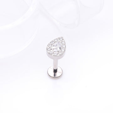 Detail View 1 of Implant Grade Titanium Brilliant Teardrop Sparkle Internally Threaded Flat Back Stud Labret-Clear Gem